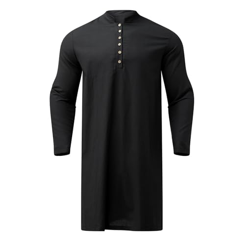 Fxbar Muslim Thobe for Men Kaftan with Pocket Stand Collar Long Gown Mens Short Sleeve Arab Thobe Islamic Thobe