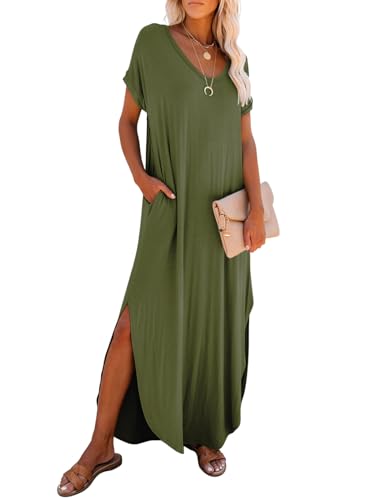 Image of Dokotoo Summer Dresses for Women 2026 Casual Maxi Dress V Neck Cap Sleeve Long Sundress with Pockets Beach Vacation