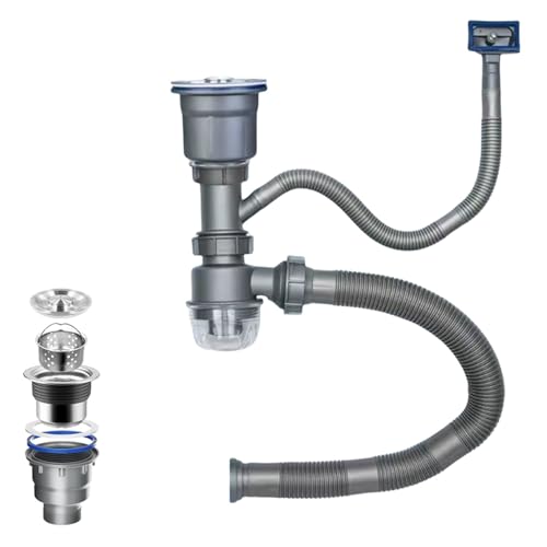 QruiLanTu Küchenablaufset für Spülbecken platzsparender Syphon Küche mit flexiblem Ablaufrohr passend für 114mm Ablaufgarnitur Spüle für Küche Bad und Wohnmobil
