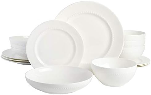 Gibson Elite Embossed Bone China Double Bowl Dinnerware Set, Service for 4 (16pcs), White