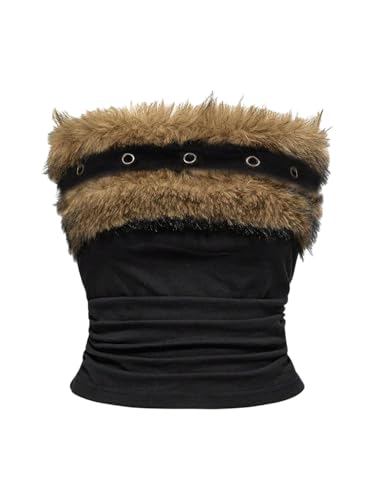 WDIRARA Womens Grunge Punk Faux Fur Tube Top Fuzzy Ruched Strapless Bandeau Crop Tops Black Large