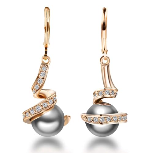 Xonojun Boucles d'oreilles Perle Grise, 18k Or plaqué Et Cristal, Boucles d'oreilles Pendantes Femmes Maman, Cadeau Noël Anniversaire Mariage