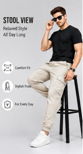 Image of Men's Jogger Cargo Pants | Stretchable Cotton Blend Utility Trousers | Regular Fit Multi Pocket Casual Bottom Wea