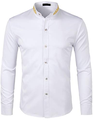 ZEROYAA Mens Hipster Gold Embroidery Mandarin Collar Slim Fit Long Sleeve Casual Dress Shirts3