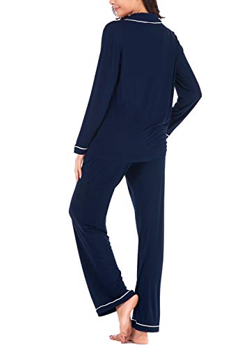 Women's Two-piece Classic Knit Pajama Set Long Sleeve Button Down Pyjama Navy Blue M - Thumbnail 5