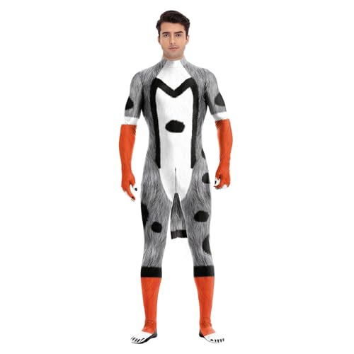Image of Animal Full Bodysuit for Men Muscle Spandex Jumpsuit Furry Costume with Big Tail for Adult Cosplay Halloween Party