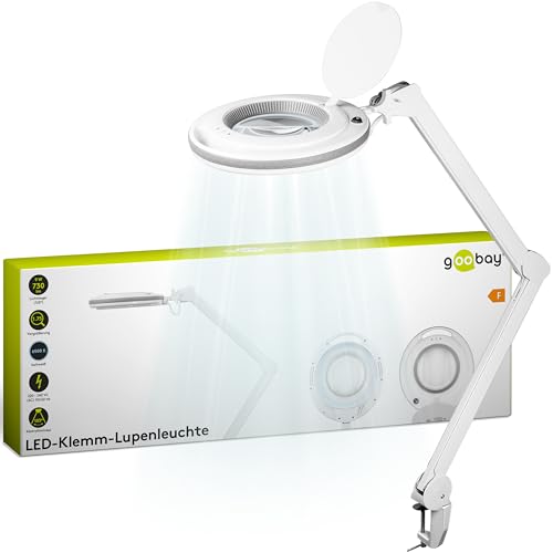 goobay 60362 LED Lupenleuchte mit Klemme / 9 W Leistungsaufnahme / 127 mm Kristall-Glaslinse/Farbtemperatur 6400 K / 1.75x Vergrößerung/Lichtstrom 83-730 Lumen/Weiß