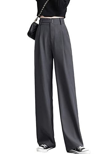 Cocoinsity Women Suit Pants Casual High Waist Solid Button Down Loose Straight Trousers