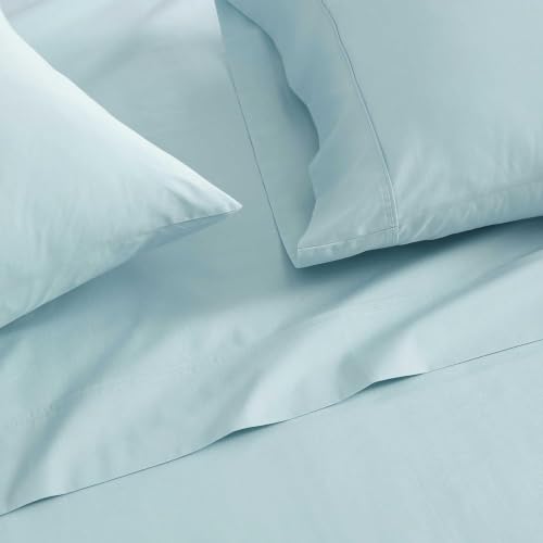 Image of Martha Stewart - Twin Size Sheets Set, Crisp & Tailored Cooling Sheets w /a Naturally Smooth Cotton Percale Lightweight Feel - Bed Sheets with Matching Pillowcase & Fitted Sheet (Skylands Solid Blue)