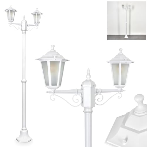 Lampada da esterni Loria, lampada da sentiero in metallo/vetro smerigliato di colore bianco, candelabro a 2 luci, effetto antico, altezza max. 200 cm, illuminazione da giardino IP44, 2 lampadine E27,