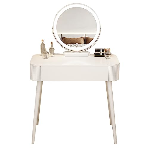 Escritorio de tocador blanco con espejo iluminado LED y cajón, organizador compacto de almacenamiento de cosméticos para dormitorio y vestidor, tamaño de mesa de 70 cm
