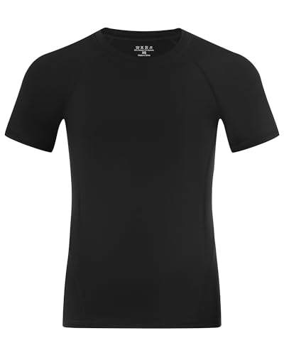 Runhit Atmungsaktives Sportshirt Funktionsshirt Kinder Kurzarm Kompressionsshirts für Jungen Unterziehshirt Base Layer Top für Fussball Laufen Training Outdoor Sport Schwarz 7-8 Jahre