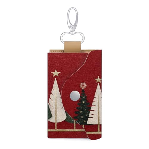 Festive Christmas Green Pine Trees Cartoon Key Holder Bag PU Leather ID Card Holder Keychains Case Cover for Men Women