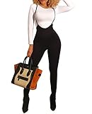 Ophestin Womens Sexy Long Sleeve Top Solid Color Bodycon Skinny Pants Strap Suspenders Set 2 Piece Outfits Jumpsuits Overalls Black XL