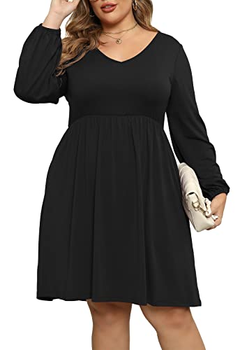 Nemidor Womens V Neck Long Puff Sleeve Plus Size Casual Flowy Swing Dress With Pocket Nem321(18,Black) #TOP25