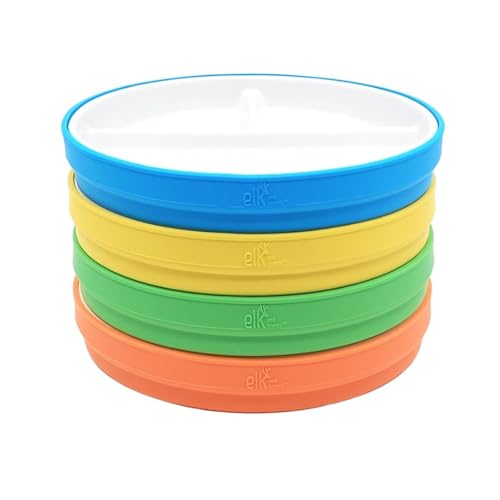 Image of Elk and Friends Kids 7.8” Porcelain White Plates with Silicone Sleeves | Divided Plates | Suitable for Kids/Toddlers | Microwave & Dishwasher Safe | Non Slip | Snack Dishes…