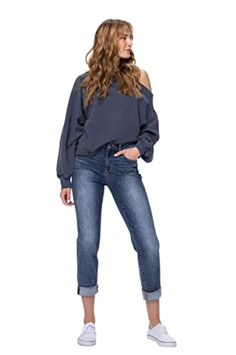 Judy Blue Women's High-Rise Bleach Splash Rolled-Cuff Boyfriend Jeans4