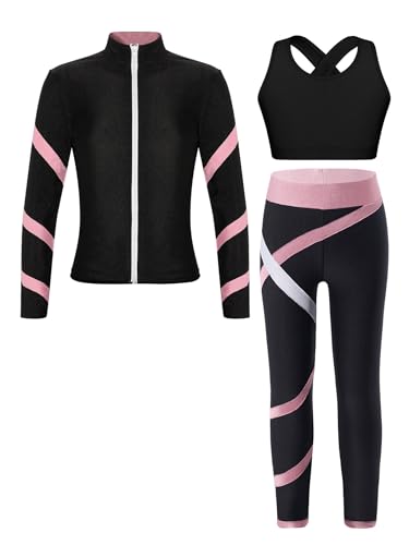 Kids Girls Figure Ice Skating Gym Training Suit Zipper Jacket Sleeveless Crop Top with Leggings Set