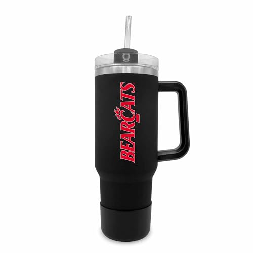 Image of Campus Colors College & University 40 oz Travel Tumbler With Handle - Dual Option Lid With Straw - Vacuum Insulated Stainless Steel (Cincinnati Bearcats - Black)
