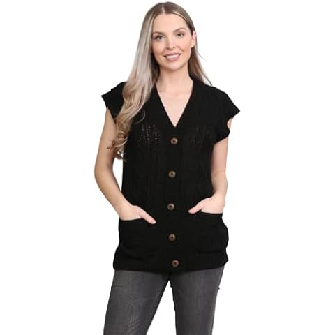 CELEBMODELOOK Womens Sleeveless Cable Knitted Grandad Cardigan Ladies 5 Button Casual Winter Sweater Waistcoat Top Black Cover