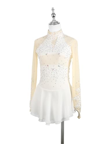 Vestido profissional de patinação artística branco bordado com manga longa floral feito à mão vestid