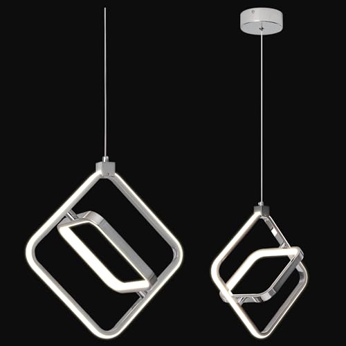 ZYBWL Moderno LED Lámpara Colgante Cromo Rectangular Anillo Lámpara Colgante Ajustable en Altura Para Cocina Isla Dormitorio Sala de Estar Vestíbulo (2-Anillos)