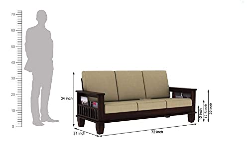 Image of Solid Sheesham Wood 3 Seater Sofa with Pocket Storage | Multipurpose Wooden Three Seater Lounge Set for Living Room Home and Office (Walnut Finish) | 1 Year Warranty