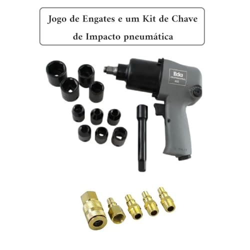 Kit Chave de Impacto Pneumática Pesada Duplo Martelete 63kgf + jogo de Engates
