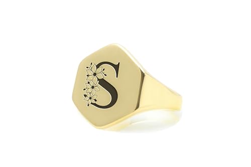 Bague initiales gravées et fleurs - Bague signet personnalisée