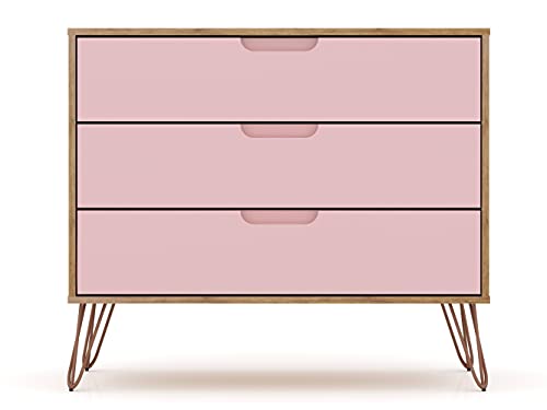 Image of Manhattan Comfort Rockefeller 3 Drawer Dresser for Bedroom Storage, Nursery, Closet, Living Room, Entryway, TV Stand for Screens up to 32 Inches, Anti-Tip Kit Included, Set of 1, Nature/Rose Pink