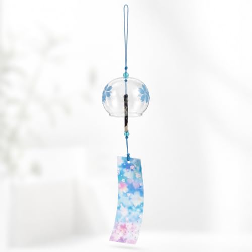 Image of Artibetter Japanese Glass Wind Chime Hanging Bell with Cherry Blossom Design | Handmade Furin Wind Bell for Home, Balcony, Garden, Patio, Window & Gift Decor (Blue)