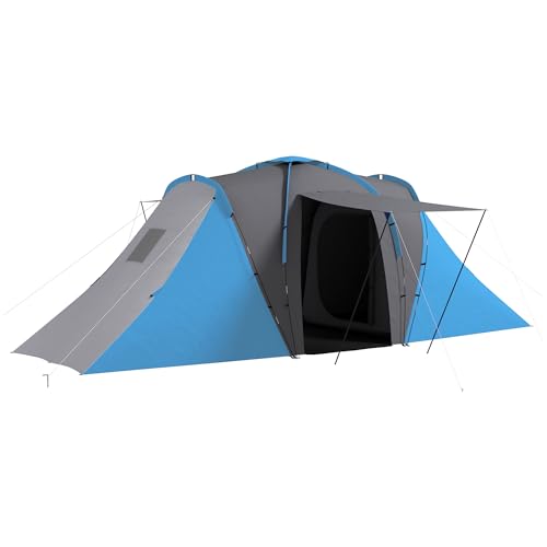 Outsunny Tienda de Campaña Familiar Tipo Túnel para de 4 6 Personas Impermeable 2000 mm Tienda de Camping Plegable con 2 Dormitorios Bolsa para Senderismo 555x225x190 cm Gris y Azul
