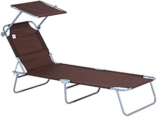 Outsunny Reclining Chair Sun Lounger Folding Lounger Seat with Sun Shade Awning Beach Garden Outdoor Patio Recliner Adjustable (Brown)