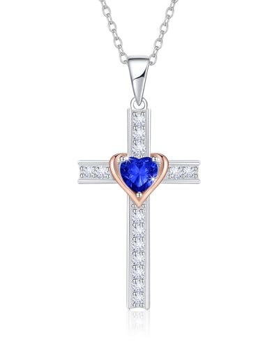 Birthstone Cross Necklace for Women, 925 Sterling Silver Heart Cross Pendant Necklace, Fine Cross Jewelry Birthday Anniversary Mother's Day Gifts for Her Mom Wife, 18