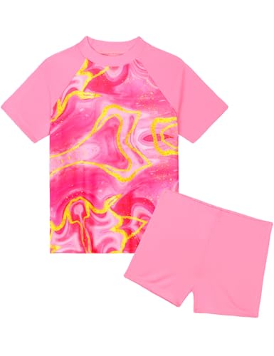 Girls Swimsuit Colorful Short Sleeve Bathing Suits UPF 50+ Rash Guard Set Two Piece Summer Swimwear