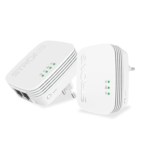 STRONG POWERLWF600DUOMINI POWERLINE 600 Liten och kompakt 2 st Av600 Powerline-adaptrar, trådlös Ac Dual Band 300 Mbps, 3 totala portar, 2 stycken, vit, Ethernet
