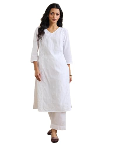 Kurta blanche Fabindia brodée en coton noble avec col V raffiné pour femme