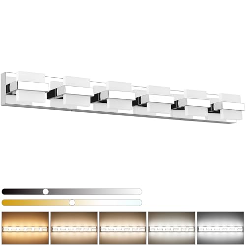 Image of SOLFART 6-Light Bathroom Vanity Lights Above Mirror, Chrome Light Fixtures for Bathroom, LED Vanity Lighting,5 Color Temperature Adjustable,Bath Lighting Fixture Nickel