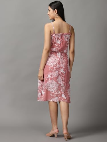 Image of SHOWOFFFF Women Floral Fit and Flare Casual Dress | Shoulder Straps Sleeveless Georgette Dress for Womens | Knee Length Dress for Women's