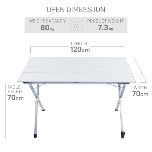 EVER ADVANCED 120 x 70 cm składany stół kempingowy z listwą górną, aluminiowy zwijany stół z regulacją wysokości, składany dla 4-6 osób, składany z torbą do przenoszenia, na piknik, ogród, grill