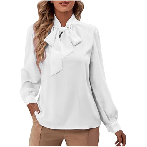 Blusas elegantes de manga larga con volantes para mujer, con cuello de pie y corbatín en la parte delantera, camisas de vestir elegantes, casuales de negocios, para el trabajo, blanco, L