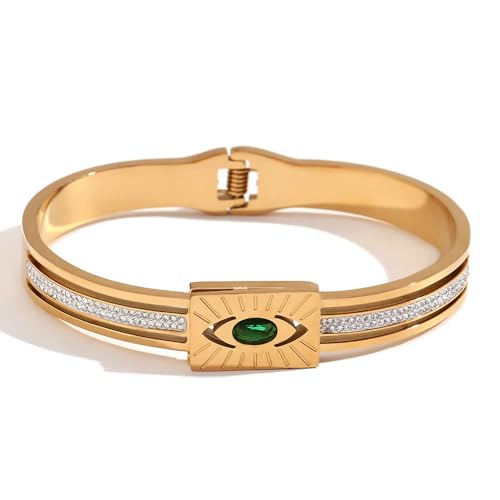 Massari 18K Real Gold Plated Green Evil Eye Bangle, Waterproof, Hypoallergenic Zircon Diamond Bracelet, Spring Buckle, 60mm, Includes Gift Pouch