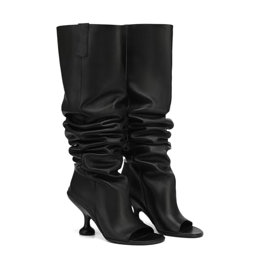 Kapxumo Womens Leather Knee High Boots Open Square Toe Pull On Slouchy Under the Knee Boots Wedge Heel Wide Calf Boots Fashion Dress Party Black Boot