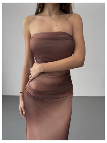 Image of GORGLITTER Women's Sunset Ombre Strapless Cocktail Bridal Shower Midi Dress | Orange Wedding Guest Dress, Mesh Tube Dress, Bridesmaid Dresses, Vacation Beach Sundresses,