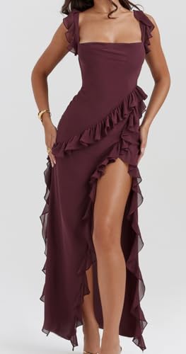 Women's Square Neck Floral Print Sexy Spaghetti Strap Side High Split Ruffle Hem Long Dress Party Dress2