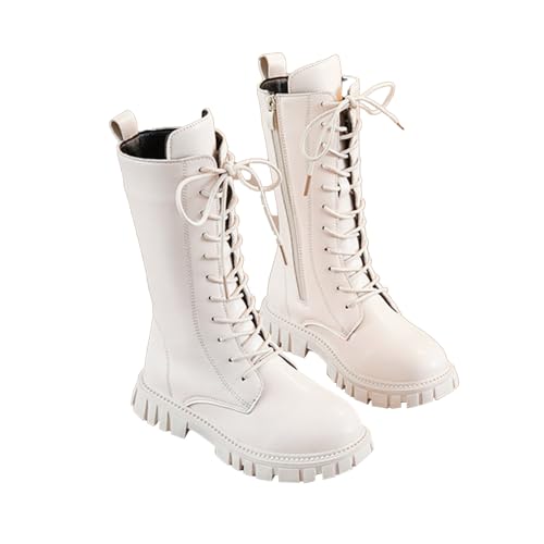 Girl's Lace-Up Zipper Combat Waterproof Boots PU Leather Side Zipper Punk Goth Boot for Little Kid/Big Kid Campus Style (White,4.5)