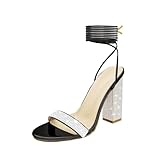 Baffoloo Women's Sparkly Rhinestones Chunky Block Strappy Heels Lace Up Open Toe Gladiator Crystal Party Wedding Bridesmaids Sexy Calf High Ankle Strap Classic Casual Sandals Black Size8.5