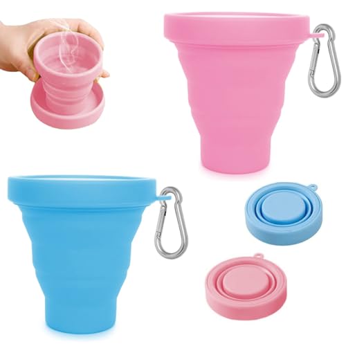 Vasos de Silicona Plegables,Taza Plegable de Beber,2 Piezas Tazas de Viaje de silicona Plegables,Copa de Viaje Plegable con Tapa,Vasos Portátiles para acampar al aire libre y senderismo familiar,170ml