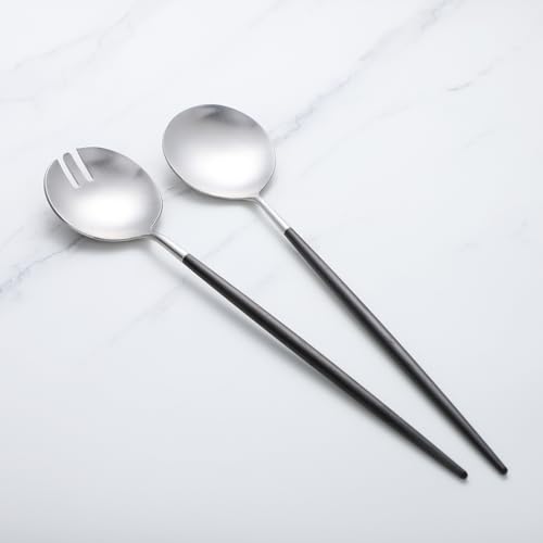 Zerophilo Salad Servers,Spoon and Fork Set 11.41 inch,18/10 Stainless Steel Salad Serving Titanium Plating (black silver)