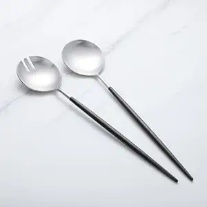 Zerophilo Salad Servers,Spoon and Fork Set 11.41 inch,18/10 Stainless Steel Salad Serving Titanium Plating (black silver)